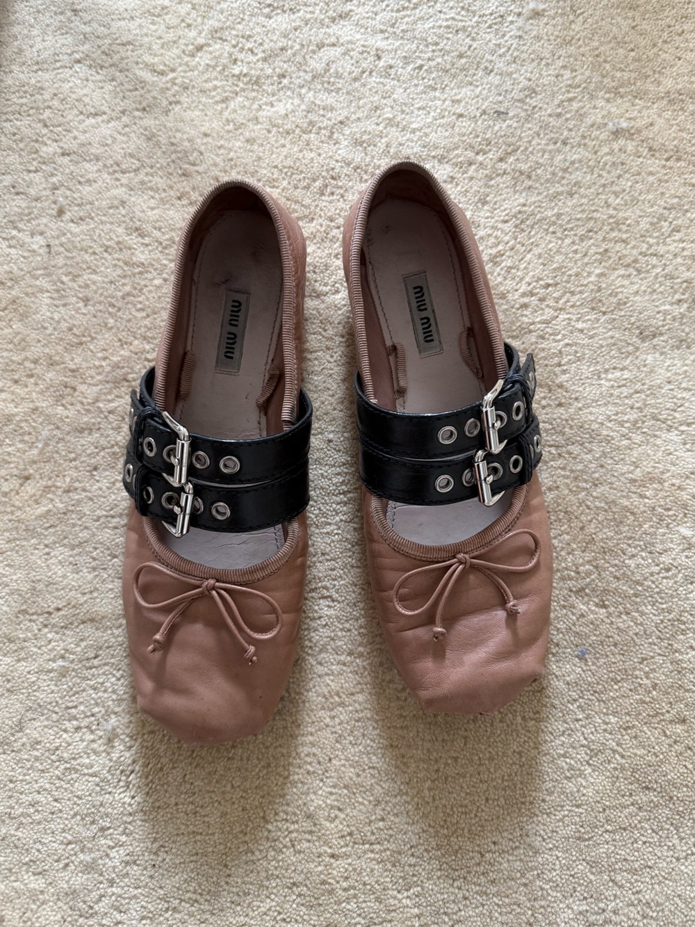 Miu Miu Blush Pink Ballet Flats with Black Buckle Straps